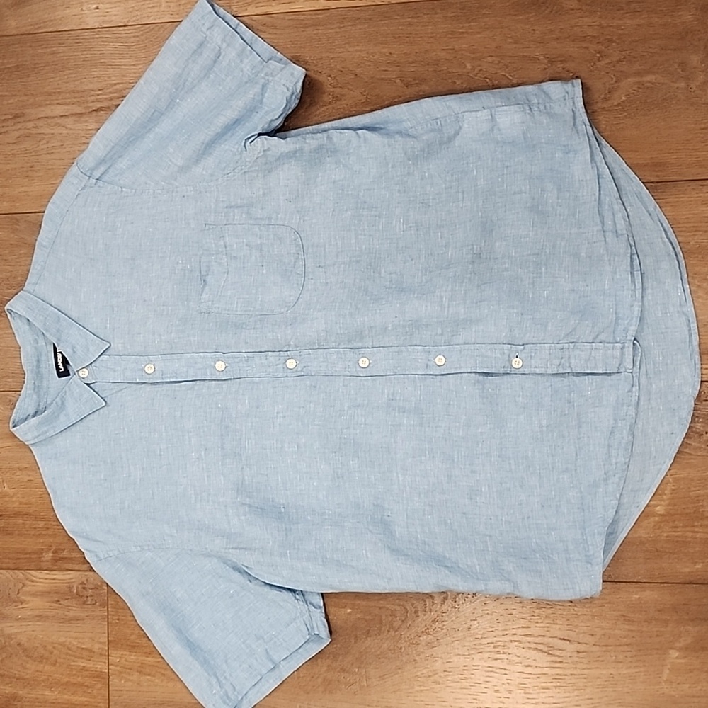 Lands' End Linen Shirt Sky Blue Traditional Fit Short Sleeve Beachy Men's size L
